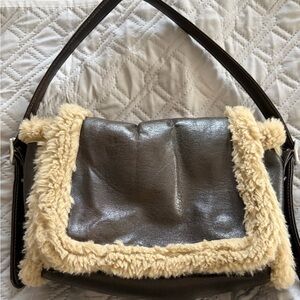 ZARA Brown Faux Leather Shearling Lined Shoulder Bag Cozy Winter